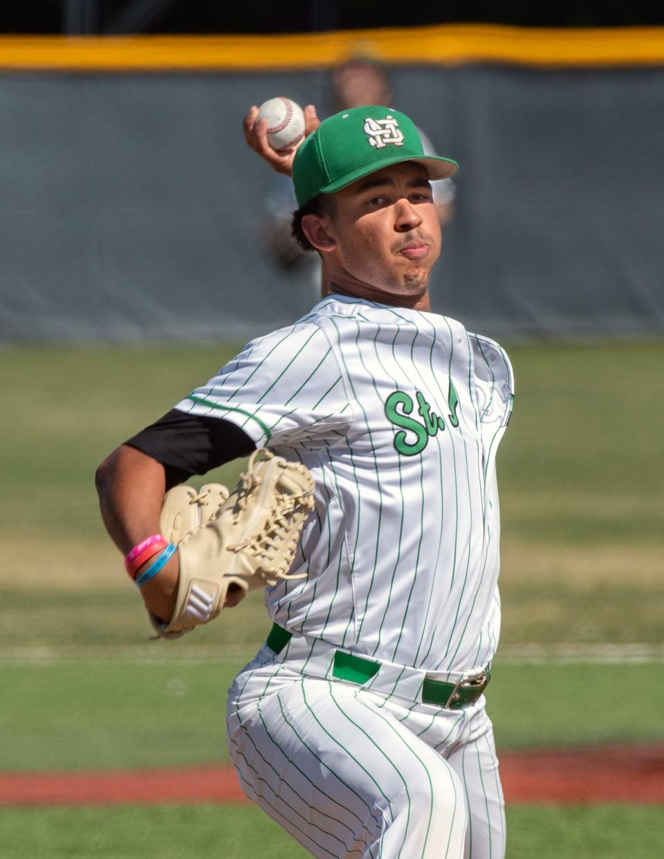 St. Mary's Michael Quedens delivers a pitch during a varsity baseball game against Lincoln at St. Mary's in Stockton on May 3, 2023.