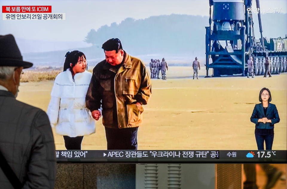 A TV screen at a train station in Seoul, South Korea, shows North Korean news agency pictures of North Korean leader Kim Jong Un and his daughter, Kim Ju Ae, after they inspected a Hwasong-17 missile prior to a test launch on Nov. 19, 2022. / Credit: KIM Jae-Hwan/SOPA Images/LightRocket/Getty