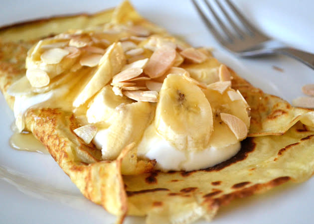 <b>Banana, honey, yoghurt and toasted almonds</b><br> If you fancy a healthier treat with your pancakes, try this one. Top a warm pancake with a couple of spoonfuls of natural yoghurt and a sliced banana. Drizzle over some runny honey and scatter over a few toasted almond flakes for crunch.