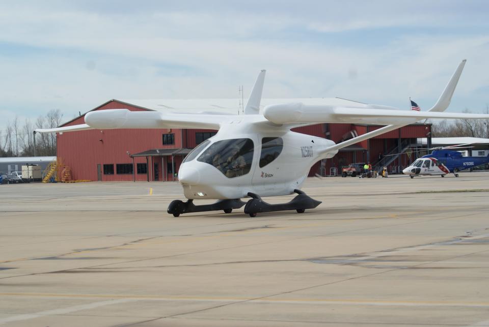 The fully electric ALIA, tail number N250 UT, on demonstration at the Houma-Terrebonne Airport, Wednesday, February 7. Produced by BETA Technologies, Bristow has committed to buying 5, with the option of 100 more.
