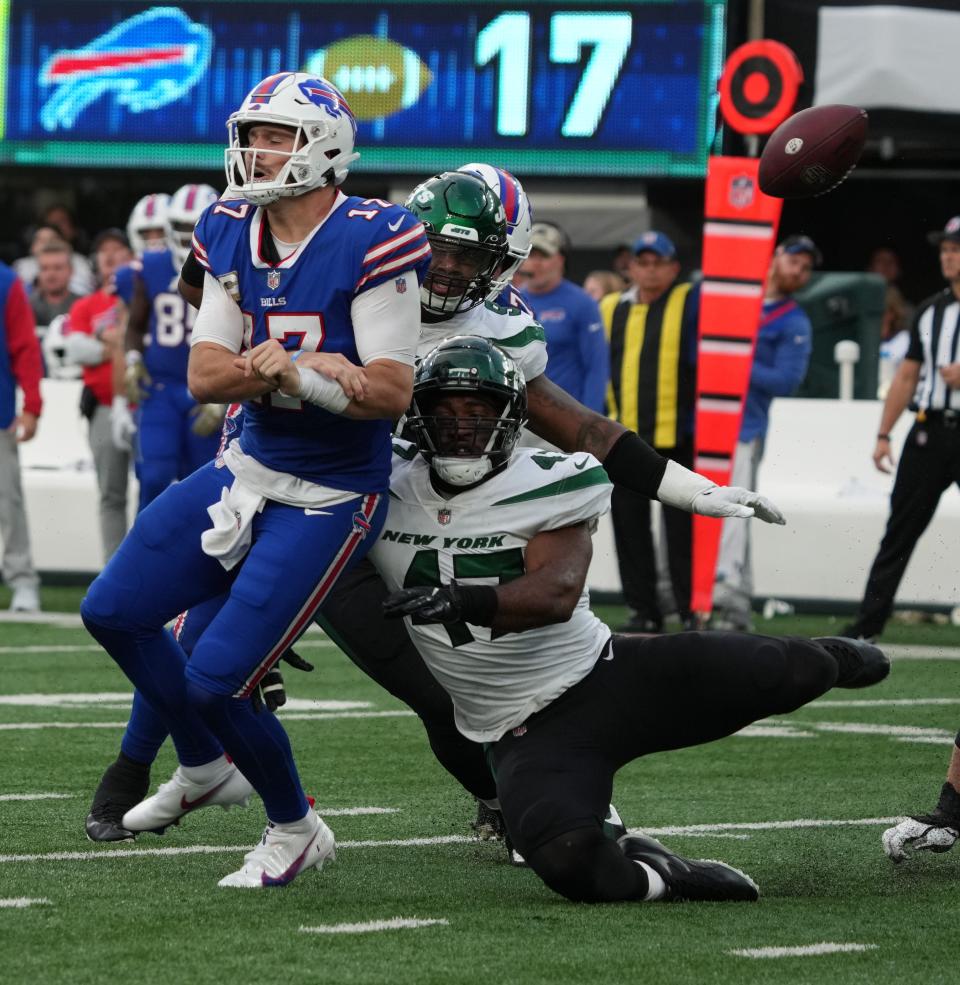 Buffalo Bills quarterback, Josh Allen has the ball knocked loose on the last drive of the game by Bryce Huff of the Jets to cap off a NY Jets 20-17 win over the Buffalo Bills as the two teams met in an AFC East game played at MetLife Stadium in East Rutherford, NJ on November 6 2022.

The New York Jets Host The Buffalo Bills In An Afc East Game Played At Metlife Stadium In East Rutherford Nj On November 6 2022