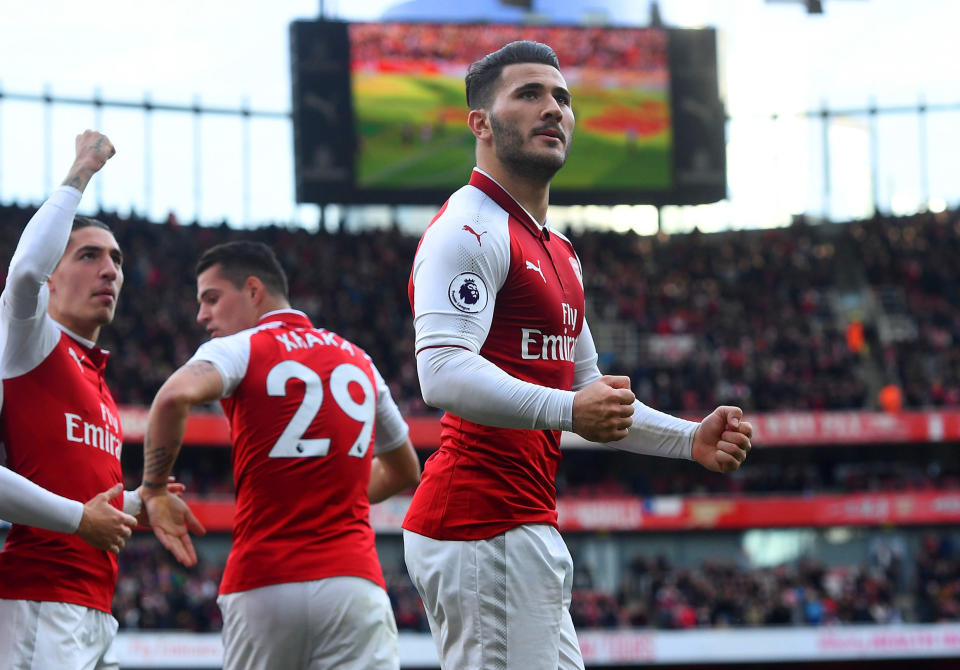 Sead Kolasinac celebrates his goal for Arsenal against Swansea City on Saturday. (Getty Images)