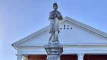 This Oct. 19, 2021, photo shows a Confederate monument in front a county courthouse in Nottoway County, Va. Voters will cast ballots in a November referendum on whether to relocate this monument to Confederate soldiers that has stood in front of the county courthouse since 1893. It is a few miles from Fort Pickett. (AP Photo/Robert Burns)