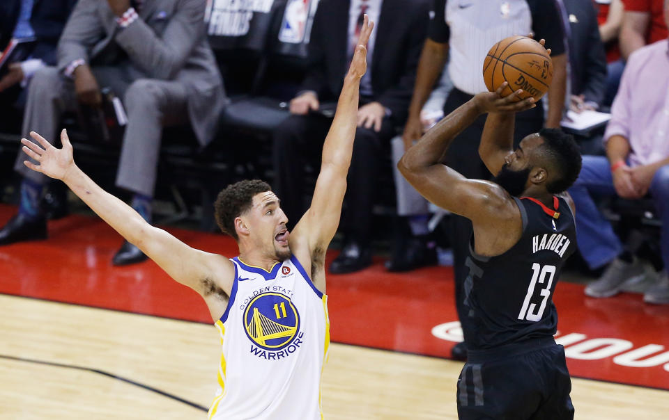 The Houston Rockets missed 27-straight 3-pointers on Monday night in their loss to the Golden State Warriors in Game 7 of the Western Conference Finals, setting a new NBA playoff record. (Getty Images)