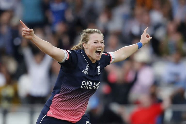 England's Anya Shrubsole celebrates taking the wicket of India's Jhulan Goswami on July 23, 2017