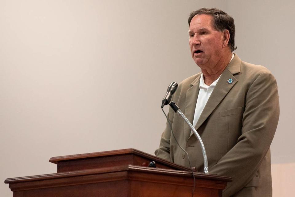 Greg Shaw, a candidate for supervisor district 2 in Hancock County, speaks during an election forum at American Legion in Waveland on Monday, July 10, 2023.