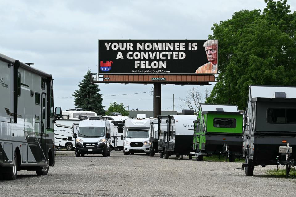 An electronic billboard near Racine, Wisconsin, noting that Donald Trump is a convicted felon (AFP via Getty Images)