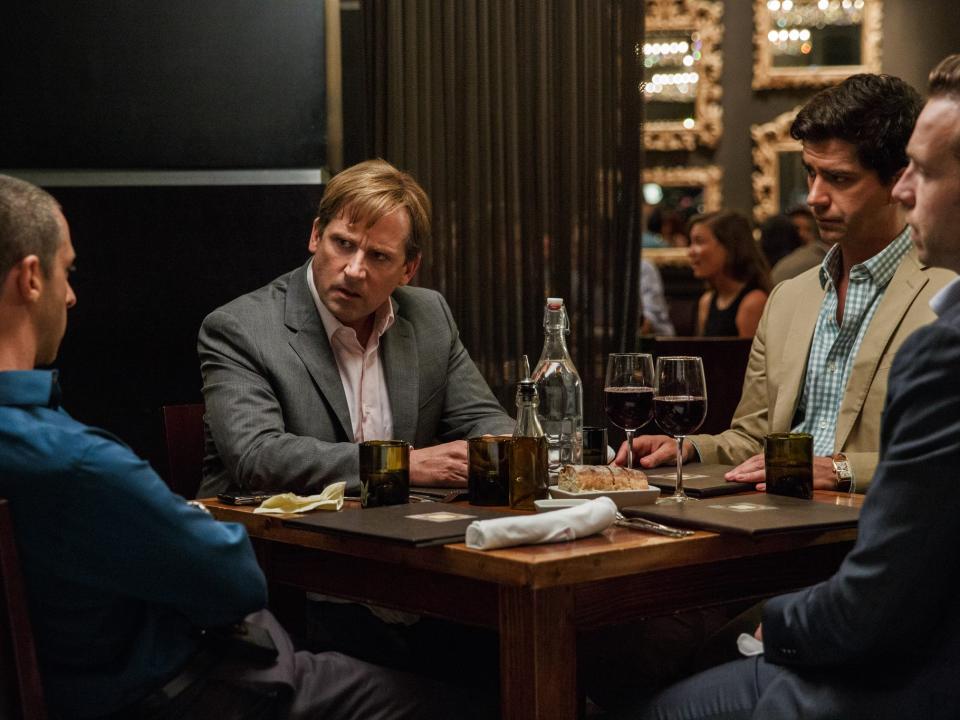 Steve Carell, Hamish Linklater, Jeremy Strong, and Rafe Spall in The Big Short (2015)