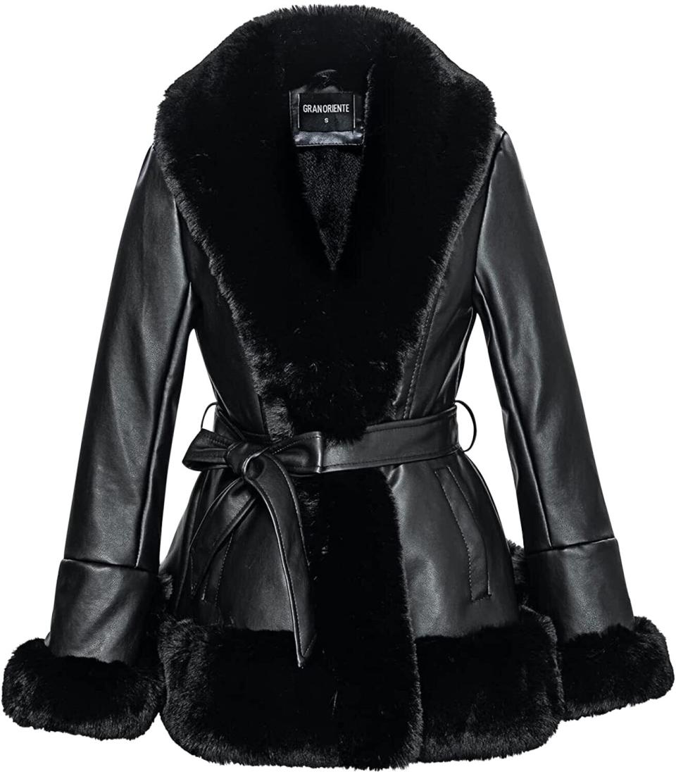 GRAN ORIENTE Women's Faux Leather Jacket with Faux Fur Collar Long Sleeve Parka with Pockets Warm Winter Coat with Belt