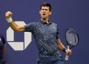 Sept 9, 2018; New York, NY, USA; Novak Djokovic of Serbia celebrates a service break in the 3rd set against Juan Martin del Potro of Argentina in the men's final on day fourteen of the 2018 U.S. Open tennis tournament at USTA Billie Jean King National Tennis Center. Mandatory Credit: Robert Deutsch-USA TODAY Sports