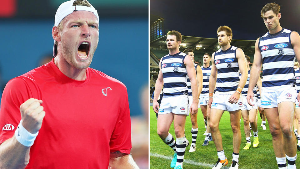 Former Aussie tennis star Sam Groth (pictured left) cheering and AFL players from Geelong (pictured right) walking off the field.