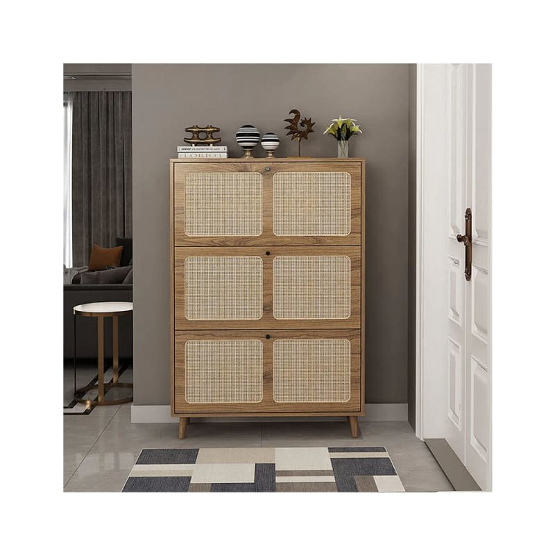 Natural Rattan Shoe Cabinet with 3 Freestanding Flip Drawers