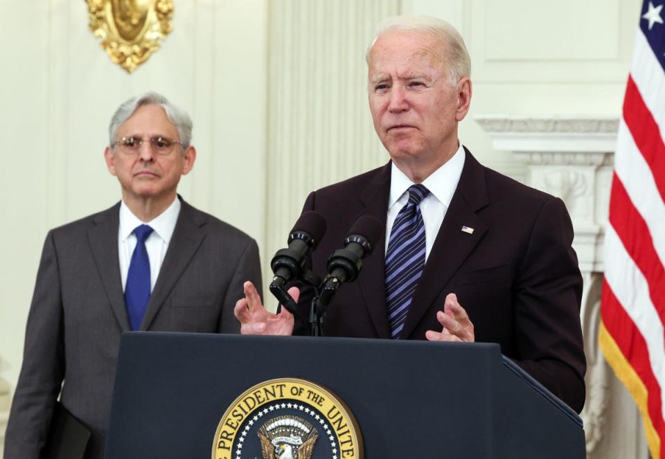 US President Joe Biden, joined Attorney General Merrick Garland, speaks on gun crime prevention measures at the White House on June 23, 2021 in Washington DC (Getty Images)