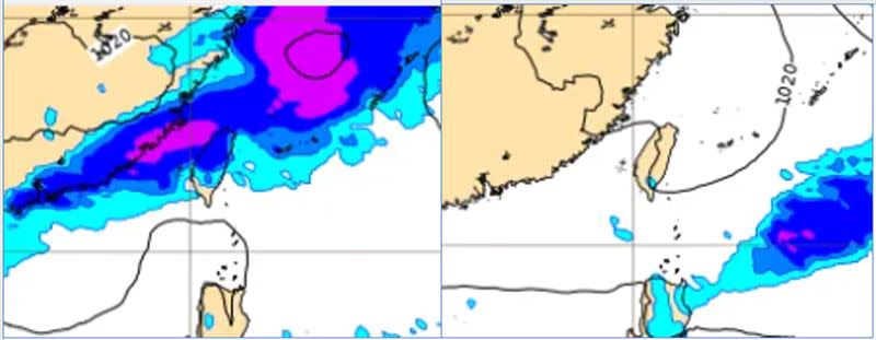 最新（8日20時）歐洲（ECMWF）模式，下週一（11日）20時地面氣壓及降水模擬圖顯示，中部以北有明顯降雨（左圖）。下週二（12日）20時地面氣壓及降水模擬圖顯示，鋒面已遠離、各地雨已停（右圖）。