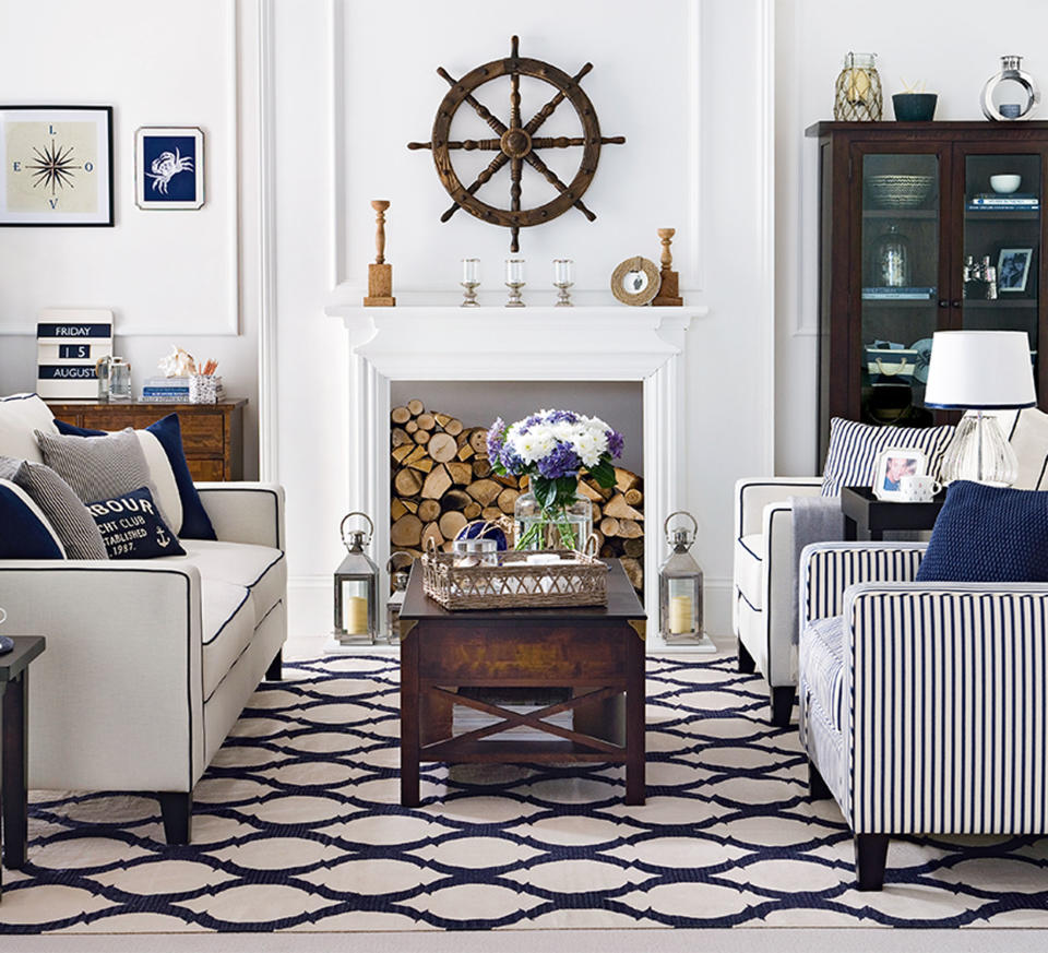 small living room with nautical theme and striped chairs