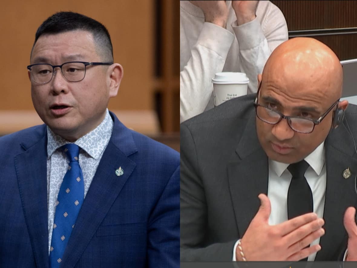 Former Conservative MP Kenny Chiu, left, stands in the House of Commons. Liberal MP Parm Bains, right, is seen at a Commons committee table. (Canadian Press/CBC News - image credit)