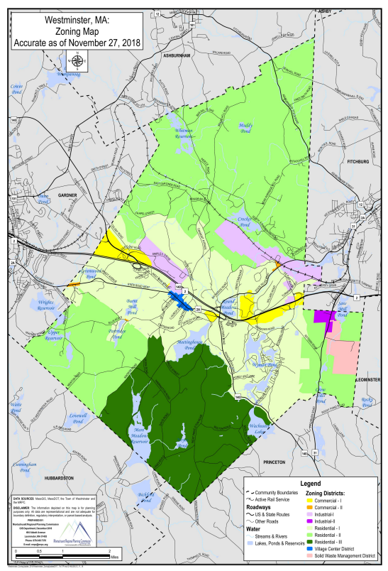 The color-coded map shows the different zoning districts in the town. Industrial 1 zoning is in light purple and Industrial 2 zoning is in dark purple.