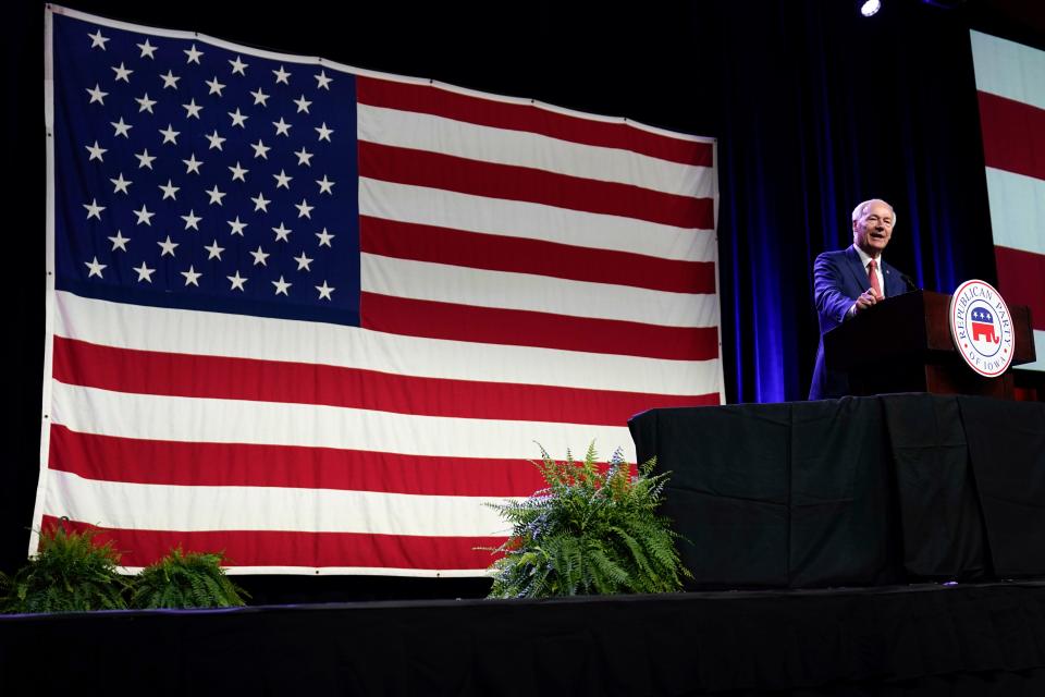 Republican presidential candidate former Arkansas Gov. Asa Hutchinson speaks at the Republican Party of Iowa's 2023 Lincoln Dinner in Des Moines, Iowa, Friday, July 28, 2023.