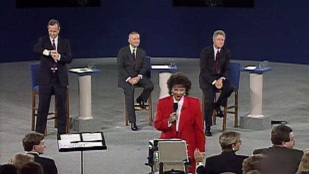 President George H.W. Bush during a town hall-style debate with independent presidential candidate Ross Perot and Democratic Party nominee Bill Clinton in 1992, in Richmond, Va. In 1999 Mr. Bush told PBS' Jim Lehrer what he was likely thinking when he'd glanced at his wristwatch during the debate: 