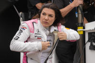 Katherine Legge, of England, prepares to drive during practice for the Indianapolis 500 auto race at Indianapolis Motor Speedway in Indianapolis, Wednesday, May 15, 2024. (AP Photo/Michael Conroy)
