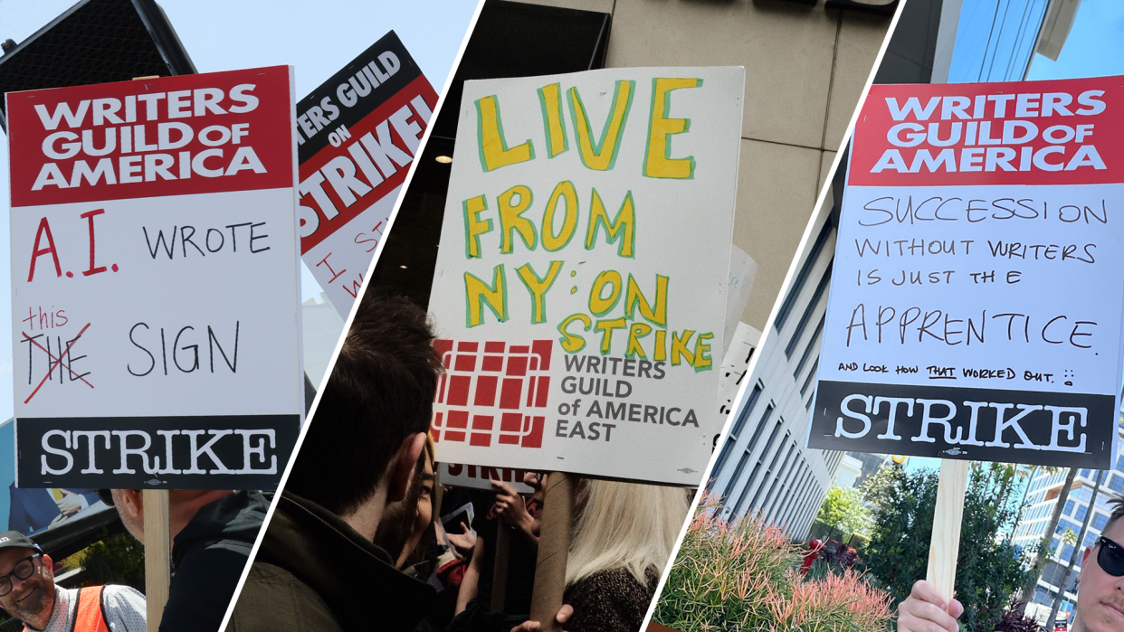 Writers Guild of America protest signs offered a bit of a humorous balm. (Photos: Getty Images)