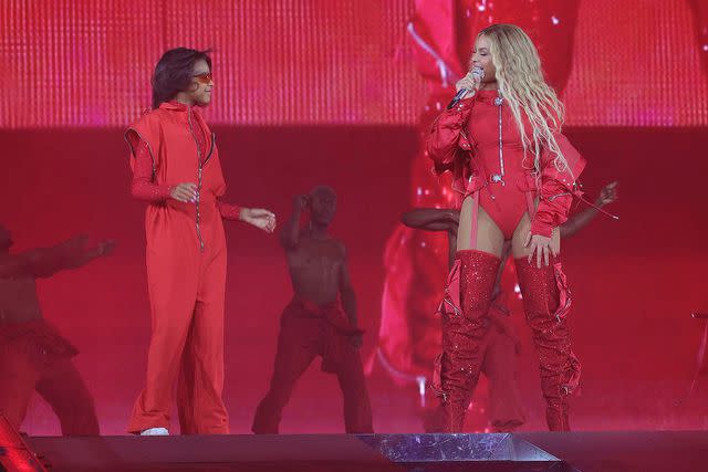 <p>Kevin Mazur/WireImage</p> Blue Ivy joins Beyoncé onstage in Amsterdam