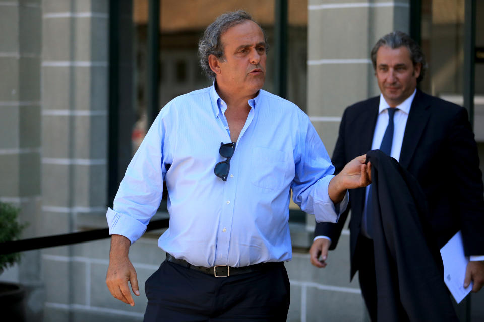 Former UEFA President Michel Platini (L) leaves the Court of Arbitration for Sport (CAS) after being heard in the arbitration procedure involving him and the FIFA in Lausanne, Switzerland, August 25, 2016. REUTERS/Pierre Albouy