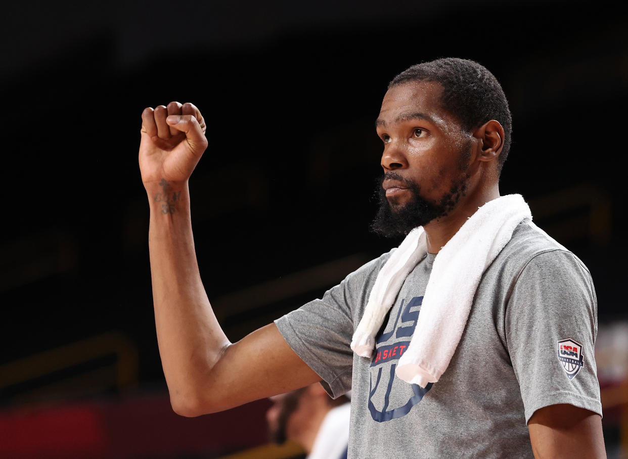 SAITAMA, JAPAN - AUGUST 05: Kevin Durant #7 of Team United States reacts from the bench during the second half of a Men's Basketball quarterfinals game between Team United States and Team Australia on day thirteen of the Tokyo 2020 Olympic Games at Saitama Super Arena on August 05, 2021 in Saitama, Japan. (Photo by Gregory Shamus/Getty Images)