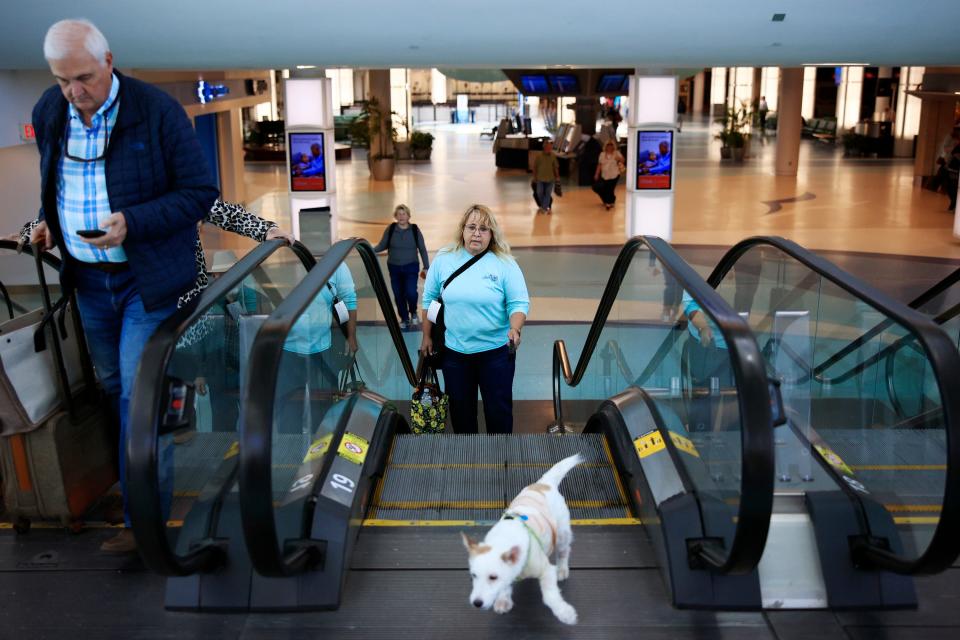 Cindy Wylie of Tallahassee walks her Jack Russell Terrier, Milo, off a flight to visit her sister in April at Jacksonville International Airport after the Transportation Security Administration announced it is no longer enforcing the federal mask mandate.