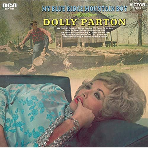 The album cover of "My Blue Ridge Mountain Boy" featuring Dolly Parton's husband Carl Dean in the background.