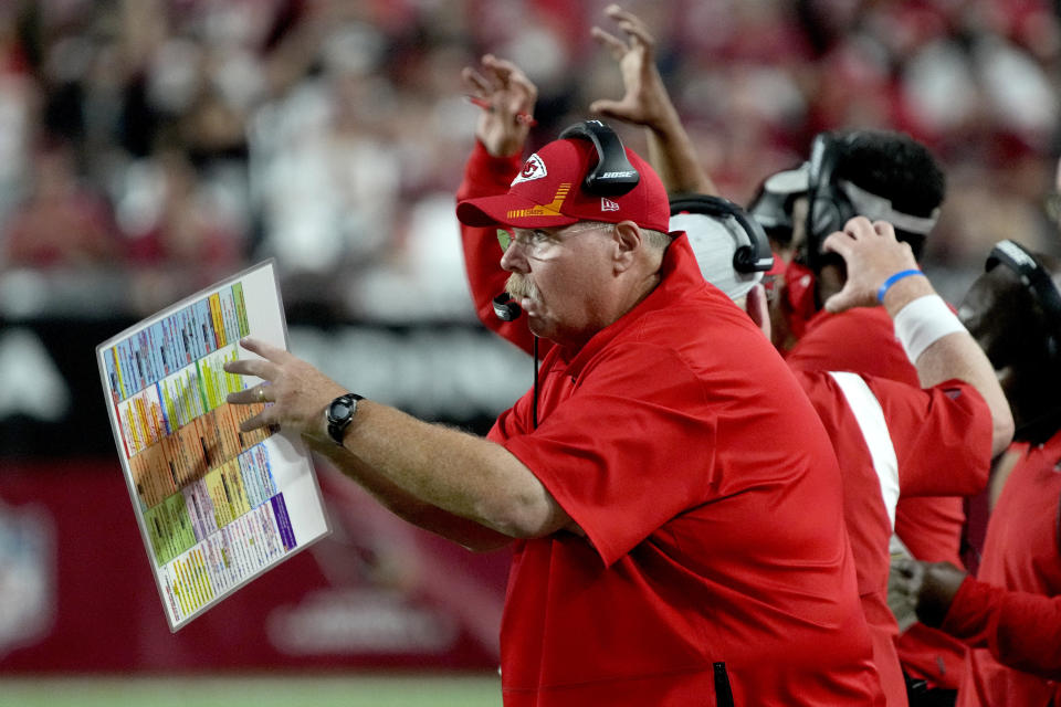 Kansas City Chiefs head coach Andy Reid instructs his team during the second half of an NFL football game against the Arizona Cardinals, Friday, Aug. 20, 2021, in Glendale, Ariz. (AP Photo/Rick Scuteri)