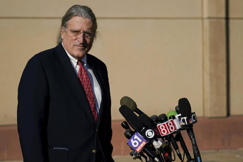 Norm Pattis, the attorney of Infowars founder Alex Jones, speaks to the media after jurors returned a $965 million dollar judgement in the defamation trial against his client, in Waterbury, Conn, Wednesday, Oct. 12, 2022. (AP Photo/Bryan Woolston)