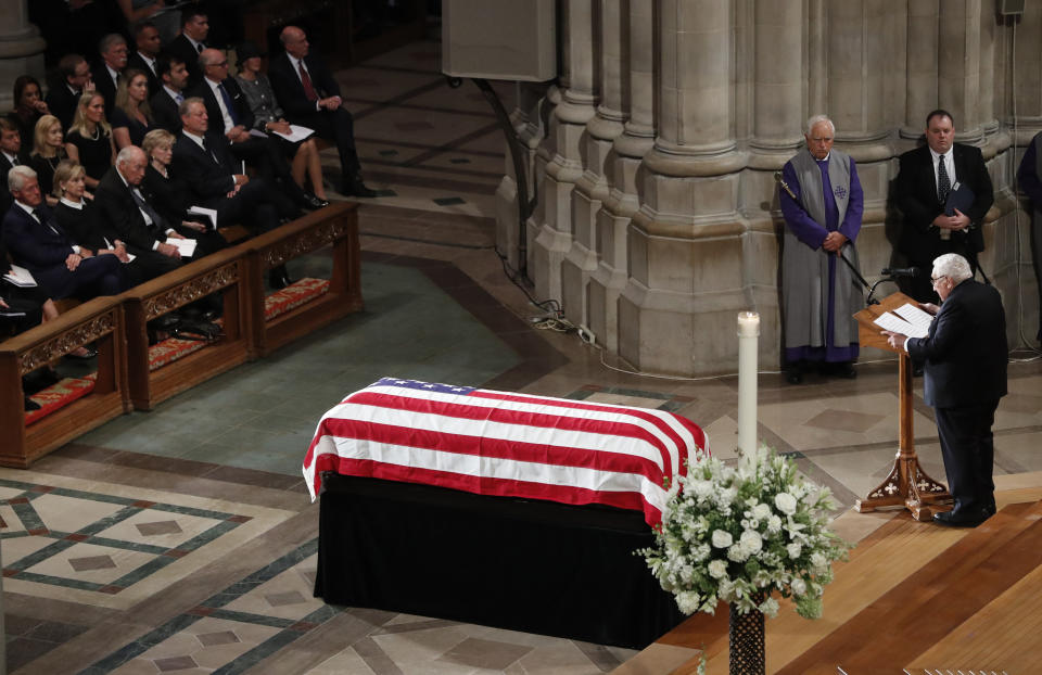 Former Secretary of State Henry Kissinger speaks at a memorial service for Sen. John McCain, R-Ariz., at Washington National Cathedral in Washington, Saturday, Sept. 1, 2018. McCain died Aug. 25, from brain cancer at age 81. (AP Photo/Pablo Martinez Monsivais)