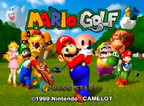 Opening image of Mario Golf, featuring the cast around Mario who is swinging a golf club
