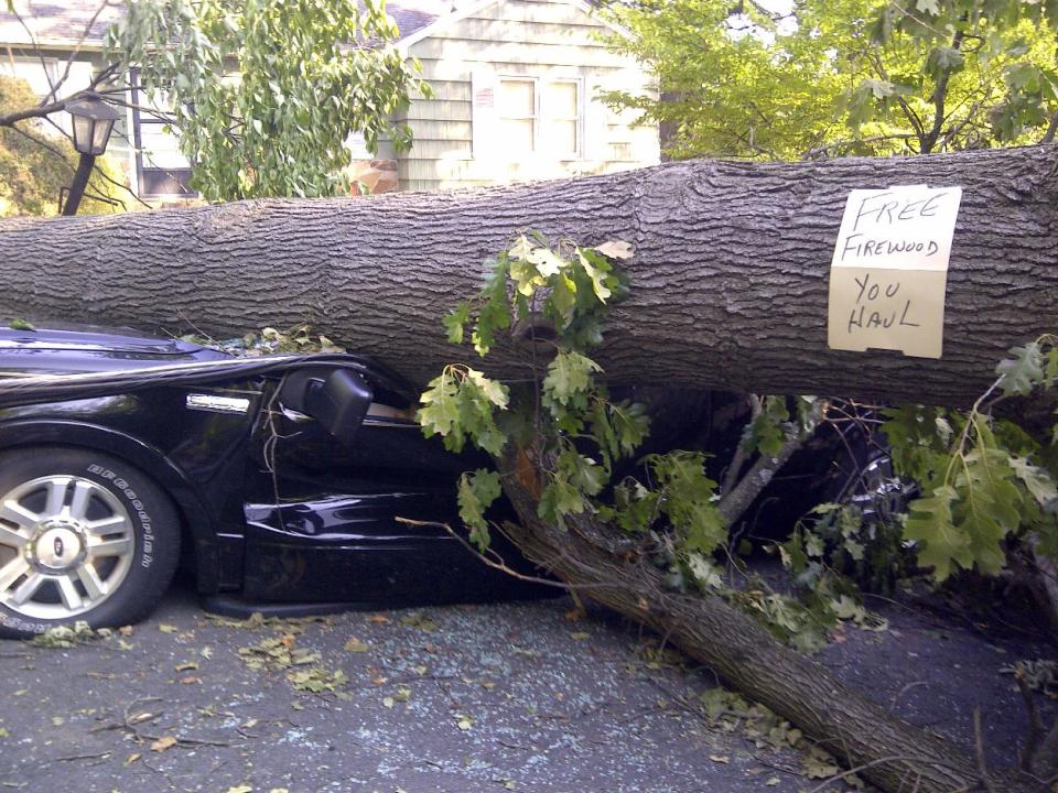 A tree sitting atop a vehicle offers free firewood in Falls Church, Va., Monday, July, 2, 2012, as cleanup continued after Friday's storm, Around 2 million utility customers are without electricity across a swath of states along the East Coast and as far west as Illinois as the area recovers from a round of summer storms that has also caused at least 17 deaths. (AP Photo/Karen Mahabir)