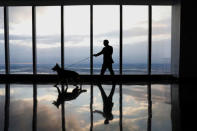 FILE PHOTO: Rumor, a German shepherd and winner of Best In Show at the 141st Westminster Kennel Club Dog Show, walks with handler, Kent Boyles during a visit to One World Observatory atop One World Trade Center in New York, U.S., February 15, 2017. REUTERS/Brendan McDermid/File Photo