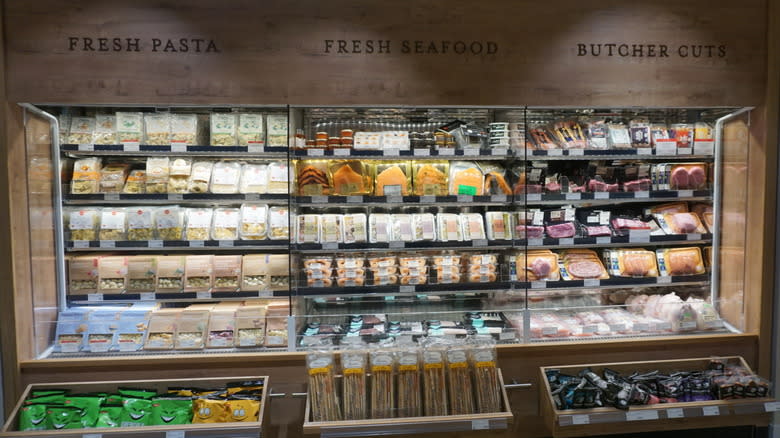 pasta, seafood, meat display