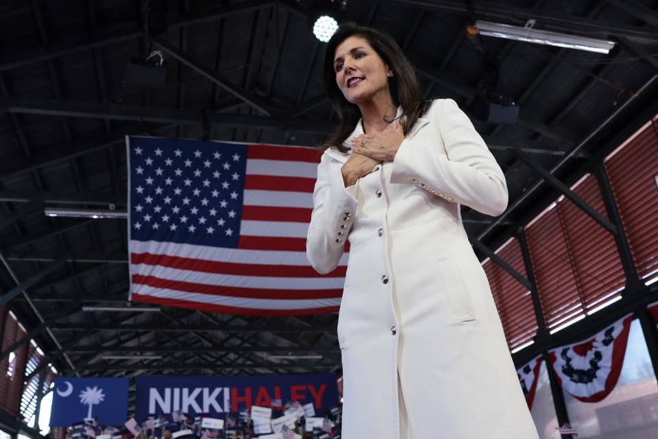 Republican presidential candidate Nikki Haley delivers remarks at her first campaign event on February 15, 2023 in Charleston, South Carolina.