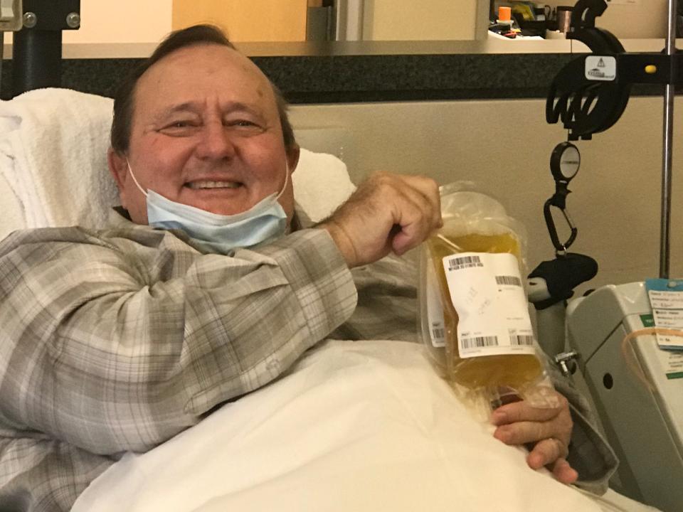 Dwight Everett, the first Ventura County resident to test positive for COVID-19, shows the plasma he donated in an effort to help critically ill patients.