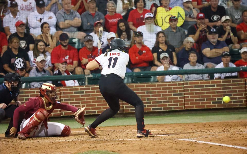 Georgia's high-potent offense, when entered the NCAA Super Regional at Florida State ranked second nationally in slugging percentage and 11th in hitting, was held in check by FSU pitching.