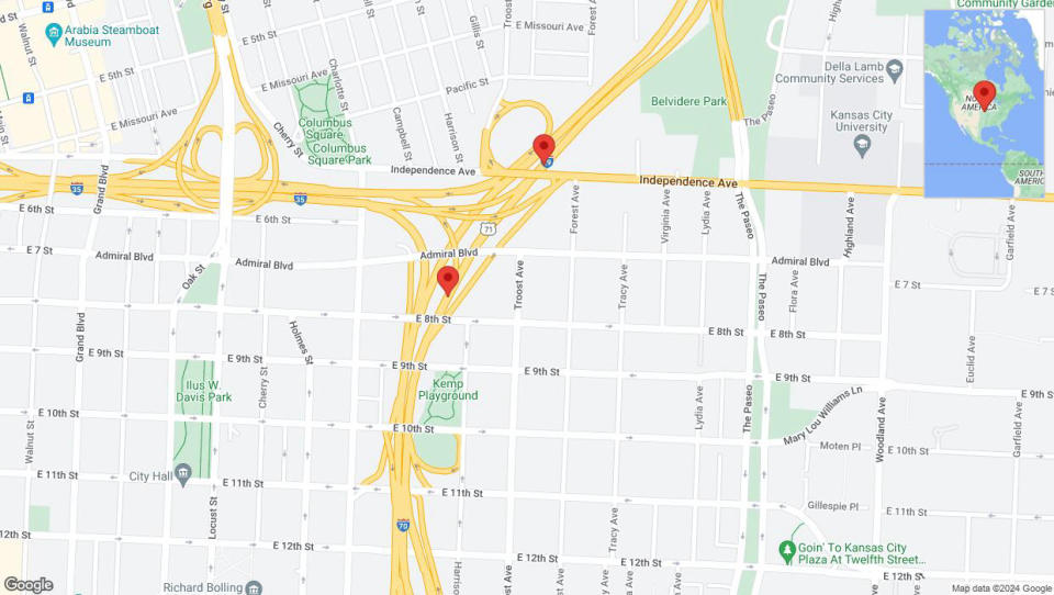 A detailed map that shows the affected road due to 'Heavy rain prompts traffic warning on northbound US-71 North in Kansas City' on May 2nd at 4:32 p.m.