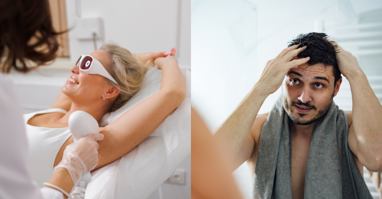 Two Images of Cosmetic Procedures, a Woman Receiving Hair Removal and a Man Touching His Head in the Mirror