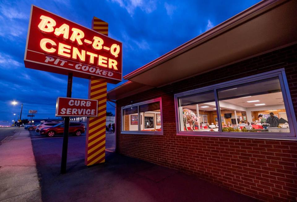 Their neon sign is a beacon for customers of the Bar-B-Q Center restaurant, located on N. Main Street on Monday, October 9, 2023 in Lexington, N.C.