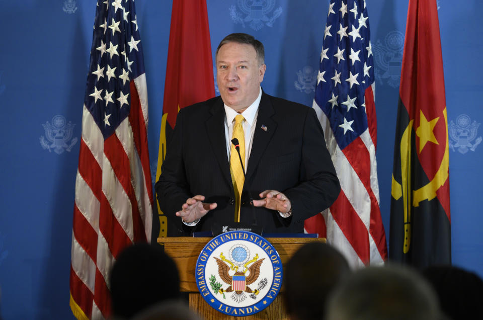 US Secretary of State Mike Pompeo speaks at a business leaders reception at the Museu de Moeda in Luanda, Angola, Monday Feb. 17, 2020. Pompeo started his tour of Africa in Senegal, the first U.S. Cabinet official to visit in more than 18 months. He left Senegal Sunday to arrive in Angola and will then travel on to Ethiopia as the Trump administration tries to counter the growing interest of China, Russia and other global powers in Africa and its booming young population of more than 1.2 billion. (Andrew Caballero-Reynolds/Pool via AP)