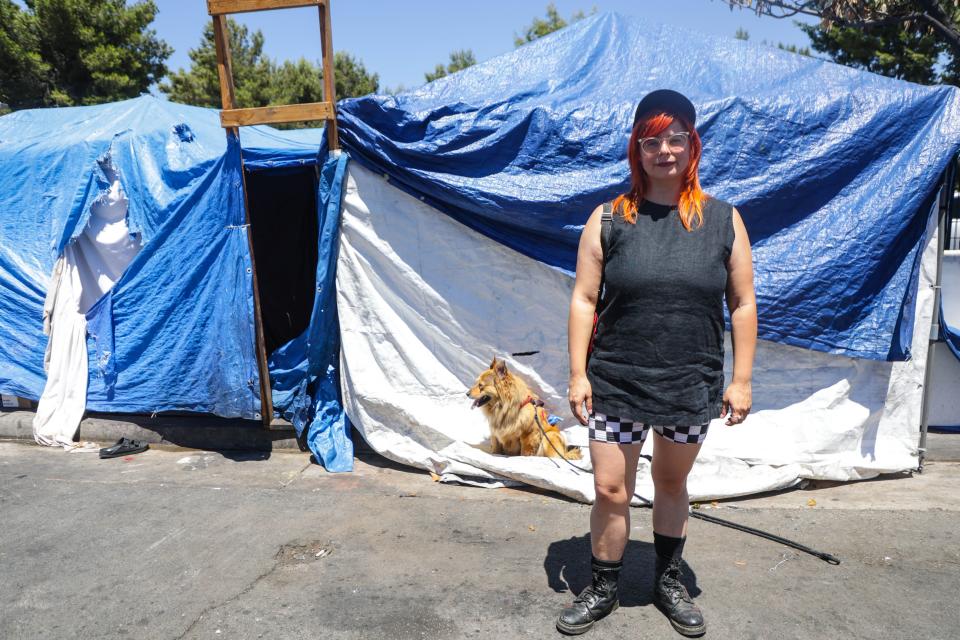 Carla Orendorff stands for a photo on August 2, 2023. Orendorff is a community organizer in the Aetna Street homeless community in Van Nuys, CA.
