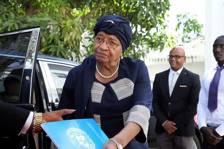 Liberia's President Ellen Johnson Sirleaf arrives for the international mediation on Gambia election conflict in Banjul, Gambia December 13, 2016 REUTERS/Afolabi Sotunde