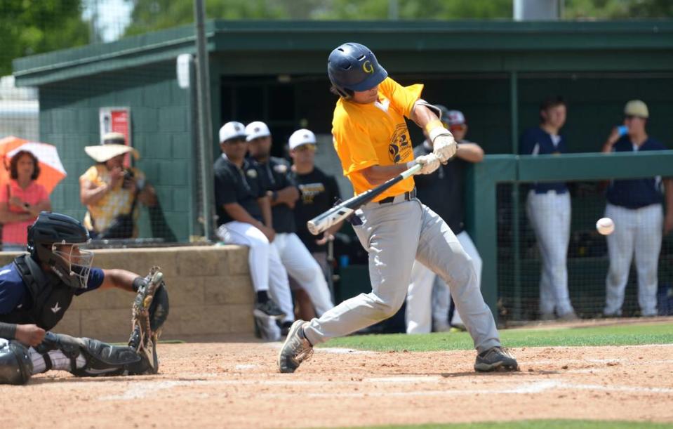 Gregori High senior Trinity Beland makes contact with a pitch during the 32nd Modesto Sunrise Rotary All-Star Game at CSU Stanislaus on Saturday, June 8, 2024.