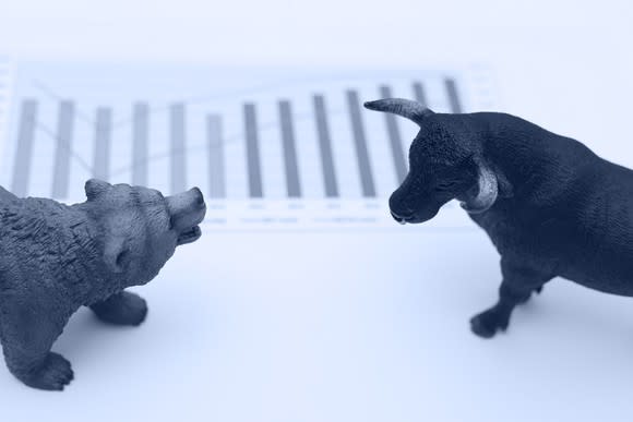 bull and bear standing in front of a rising chart.