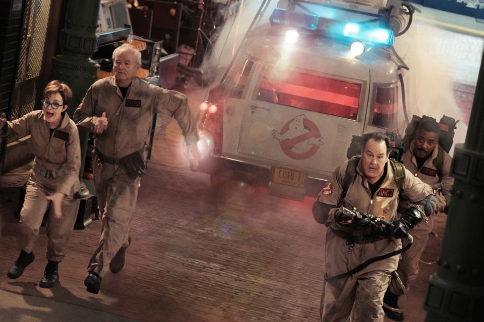 Janine (Annie Potts), Peter (Bill Murray), Ray (Dan Aykroyd) and Winston (Ernie Hudson) in Columbia Pictures’ GHOSTBUSTERS: FROZEN EMPIRE.