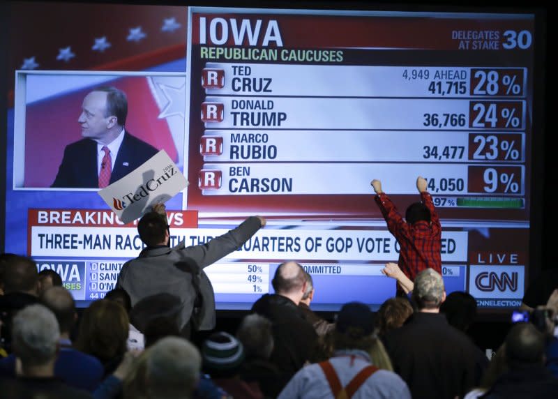 美國愛荷華州1日晚間進行兩黨黨員初選，共和黨由德州聯邦參議員克魯茲勝出。（美聯社）